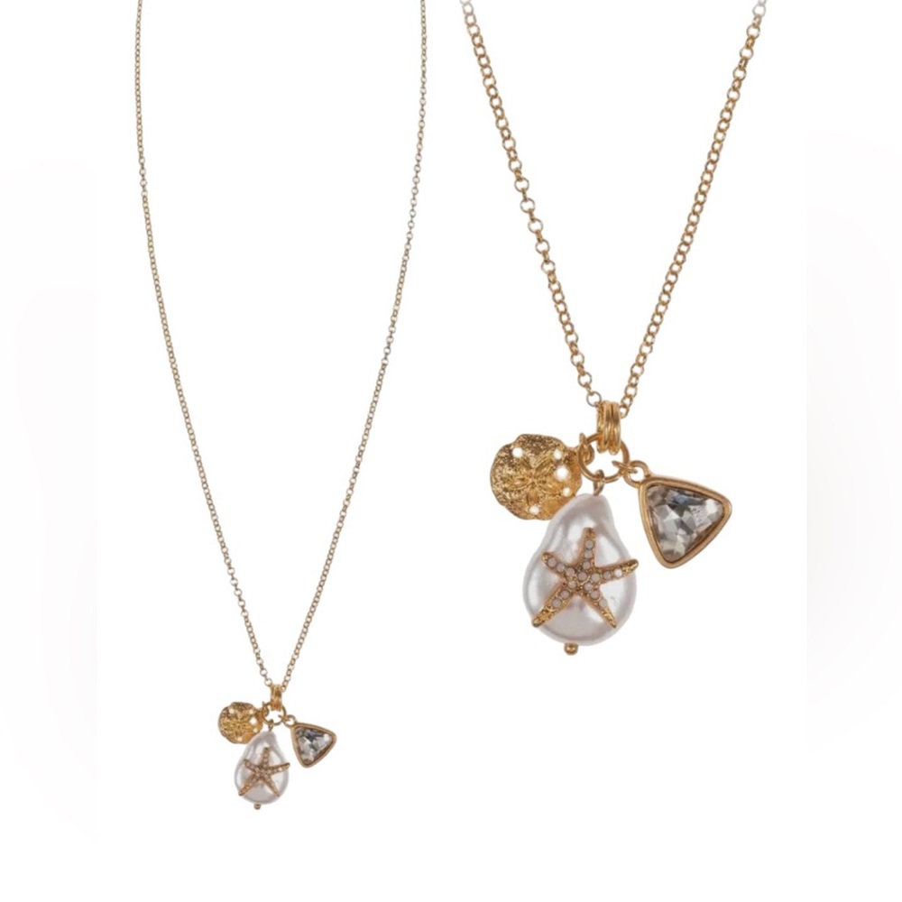 Coastal Pearl Starfish Charm Necklace 17” – Vintage Gold